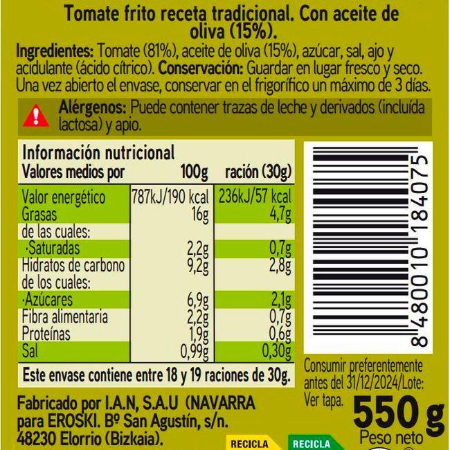 Eroski Tomate frito c/ aceite de oliva tradicional EROSKI frasco 550 g Descuento