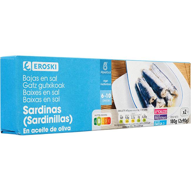 Eroski Sardinilla en aceite de oliva baja en sal EROSKI pack 2x90 g Rebajas top