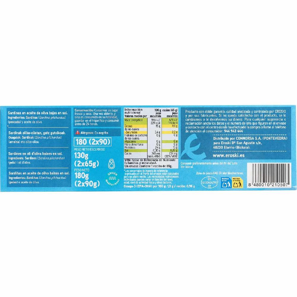Eroski Sardinilla en aceite de oliva baja en sal EROSKI pack 2x90 g Rebajas top