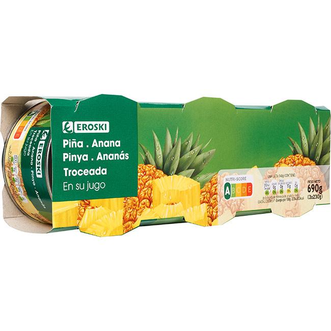 Eroski Piña troceada en su jugo EROSKI pack 3x140 g Grandes ahorros