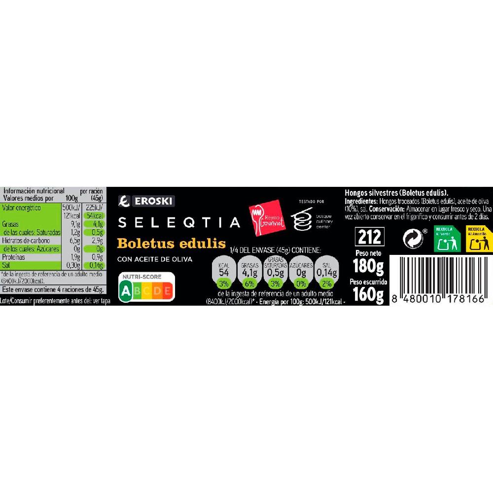 Eroski Boletus en aceite de oliva EROSKI SELEQTIA frasco 180 g Outlet