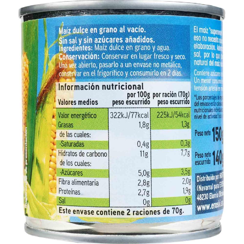 Eroski Maíz sin sal-sin azúcar añadido EROSKI pack 2x140 g Ahorra y exporta