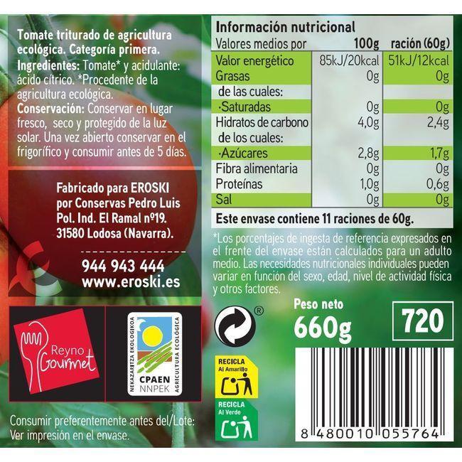 Eroski Tomate triturado EROSKI BIO frasco 660 g Precio de fábrica
