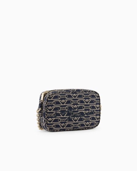 Armani Funda para cámara en lona de tejido jacquard con monograma integral y correa de cadena Oferta especial de fábrica