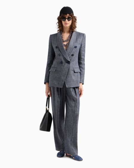 Armani Blazer de abotonadura doble de cambray de mezcla de lino Rebajas online