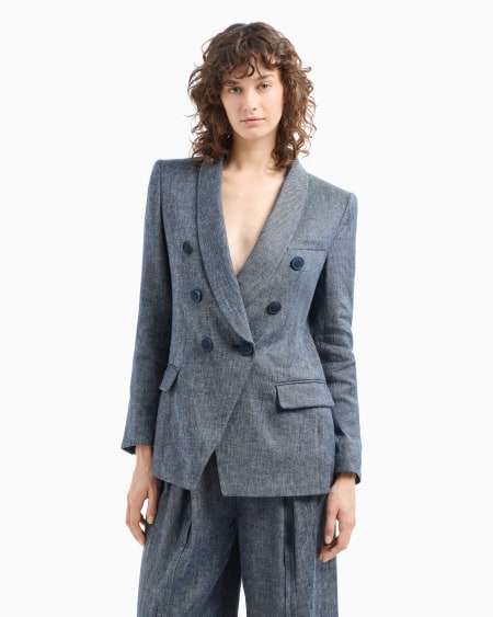 Armani Blazer de abotonadura doble de cambray de mezcla de lino Rebajas online