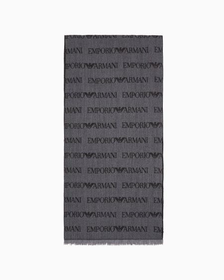 Armani Bufanda de mezcla de lana virgen con inscripción de logotipo en tejido jacquard y flecos