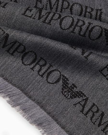 Armani Bufanda de mezcla de lana virgen con inscripción de logotipo en tejido jacquard y flecos Grandes ahorros