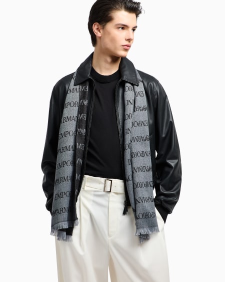 Armani Bufanda de mezcla de lana virgen con inscripción de logotipo en tejido jacquard y flecos Grandes ahorros