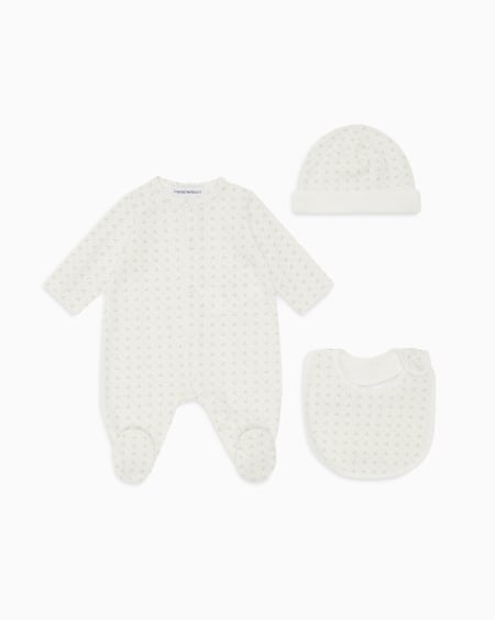 Armani Coffret-cadeau dors-bien bavoir et bonnet en jersey avec motif optique aigles Tienda