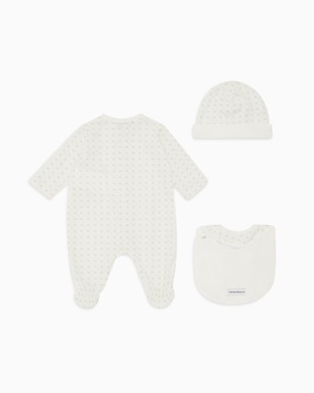 Armani Coffret-cadeau dors-bien bavoir et bonnet en jersey avec motif optique aigles Tienda