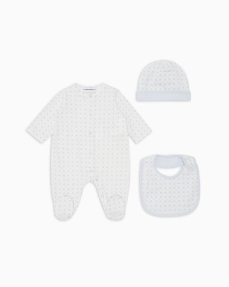 Armani Coffret-cadeau dors-bien bavoir et bonnet en jersey avec motif optique aigles Oferta exclusiva